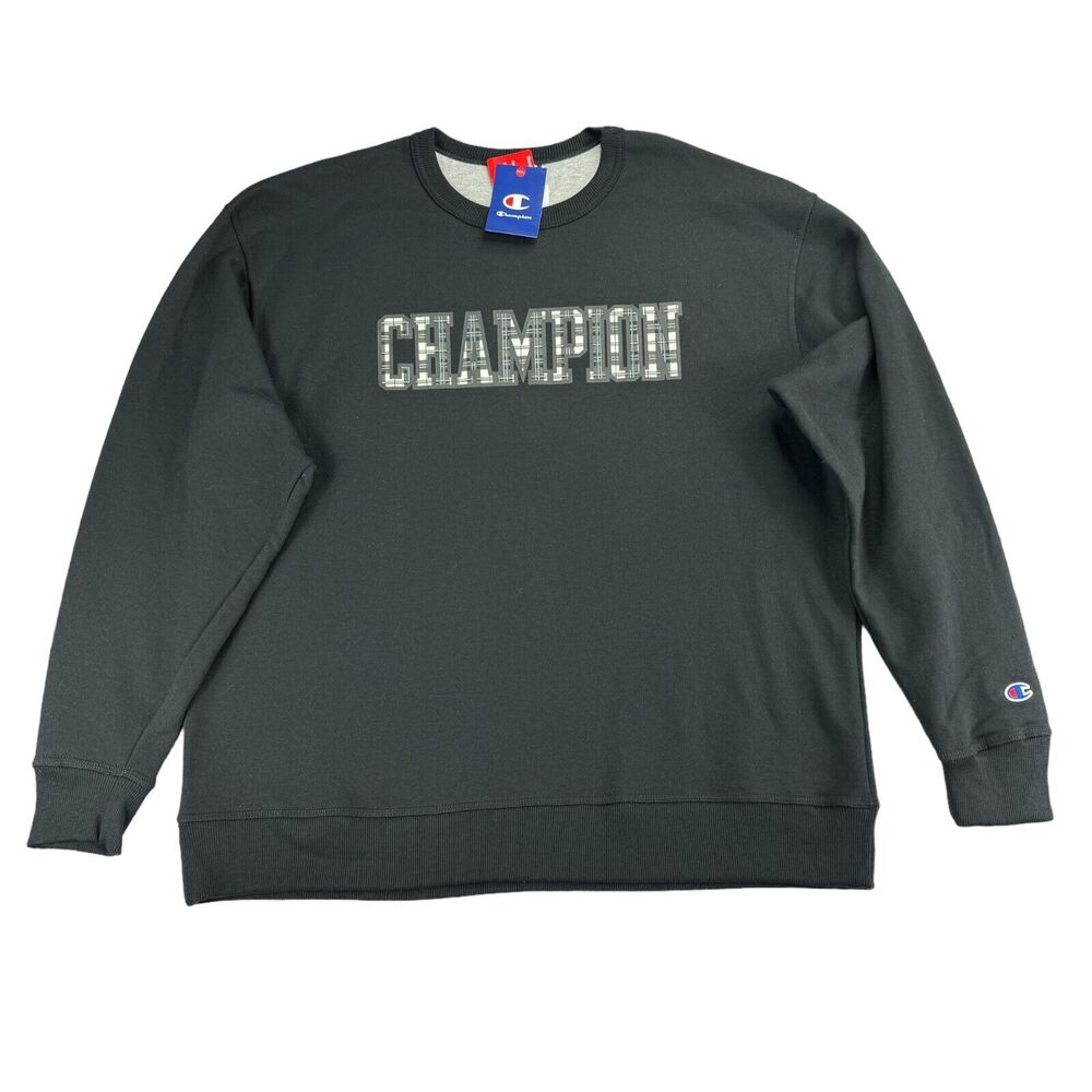 Champion Mens Powerblend Standard Fit Plaid Logo Fleece Sweatshirt Black 2XL